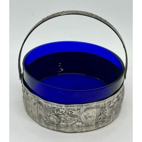 Cobalt Blue Relish Dish with Metal Carrier 4.5” W 2"h - Picture 1 of 9